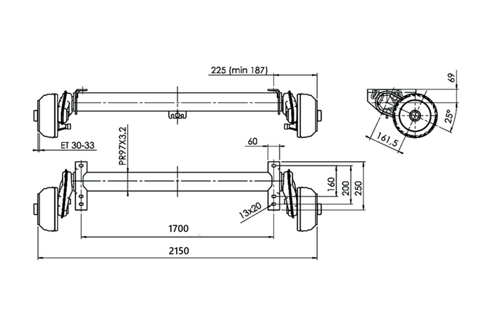 AL-KO COMPACT brzděná náprava pro přívěs / odtahový vůz 1350kg 1700mm 2150mm 5x112