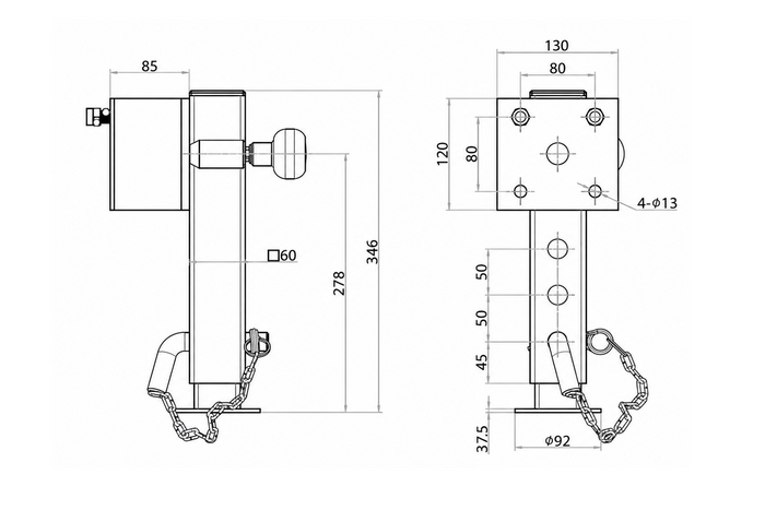 UNITRAILER JL1 výsuvná kliková opěra pro plošinový přívěs o hmotnosti 1500 kg 346-576 mm