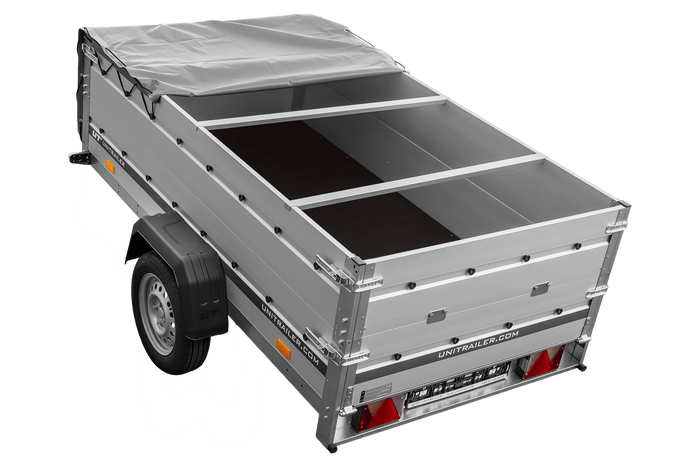 Jednonápravový přívěs s hliníkovými bočnicemi 230x125 Unitrailer Garden 230 KIPP ALU s bočnicemi BIS, rámem H-0 a šedým krytem