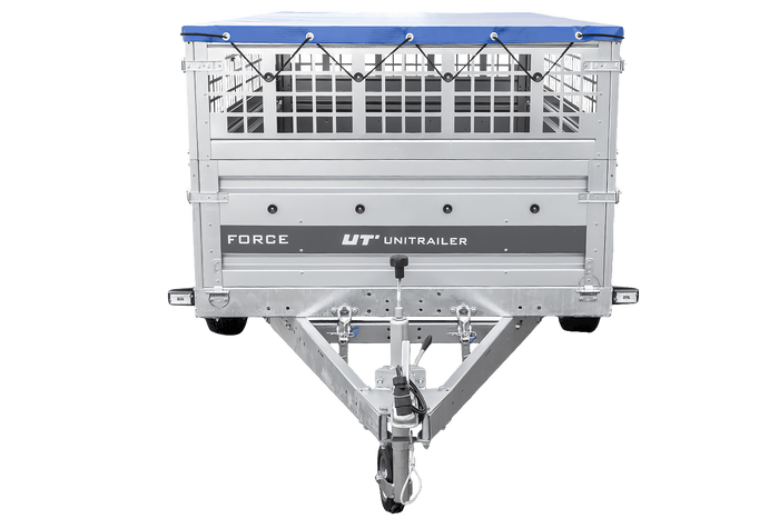 Jednonápravový přívěs 264x125 UNITRAILER FORCE 264 KIPP s pletivovými bočnicemi, rámem H-0 a modrým krytem
