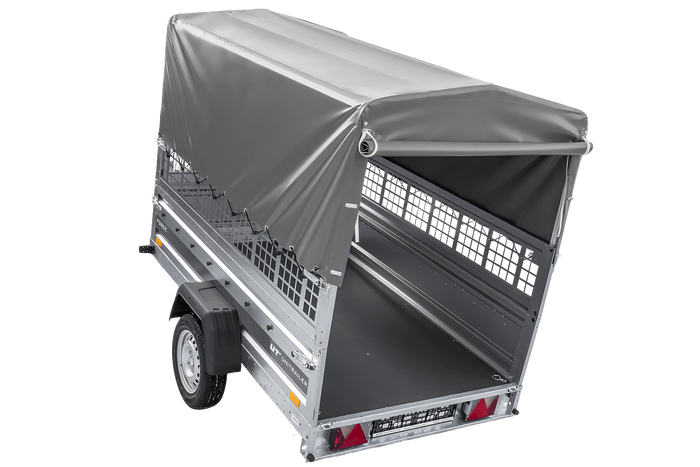 Jednonápravový přívěs 230x125 UNITRAILER FORCE 230 KIPP s pletivovými bočnicemi, rámem H-800 a šedým krytem