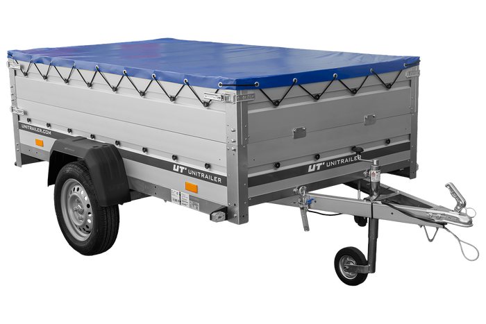 Jednonápravový přívěs s hliníkovými bočnicemi 230x125 Unitrailer Garden 230 KIPP ALU s bočnicemi BIS, rámem H-0 a modrým krytem