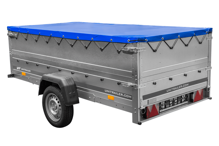 Jednonápravový přívěs na pružinách 264x125 UNITRAILER GARDEN 264/R KIPP s bočnicemi BIS, rámem H-0 a modrou plachtou