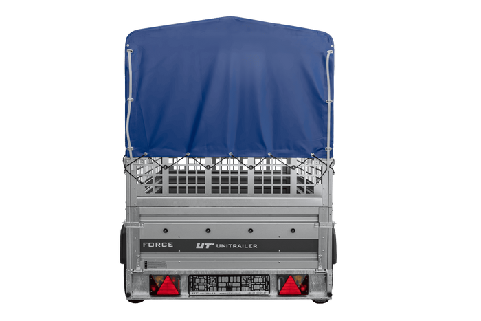 Přívěs pro auto 264x125 UNITRAILER FORCE 264 KIPP s pletivovými bočnicemi, rámem H-800 a modrým krytem