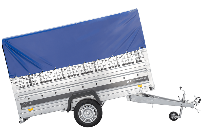 Přívěs za auto na pružinách 264x125 UNITRAILER FORCE 264/R KIPP s pletivovými bočnicemi, rámem H-800 a modrým krytem