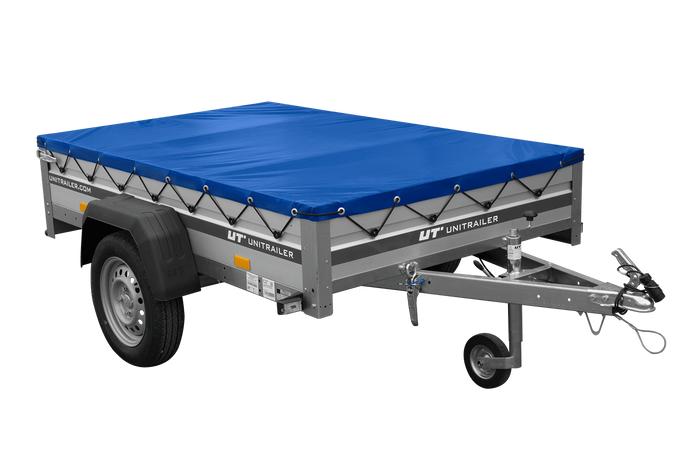 Jednonápravový přívěs s hliníkovými bočnicemi 200x125 Unitrailer Garden 201 KIPP ALU s rámem H-0 a modrým krytem