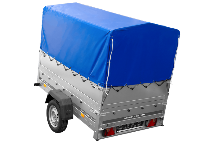Jednonápravový přívěs 200x125 UNITRAILER GARDEN 201 KIPP s bočnicemi BIS, rámem H-800 a modrým krytem