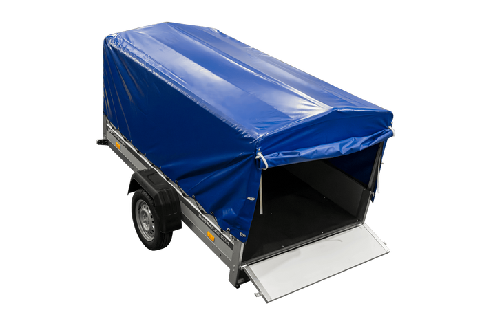 Jednonápravový přívěs s hliníkovými bočnicemi 230x125 Unitrailer Garden 230 KIPP ALU s rámem H-800 a modrým krytem