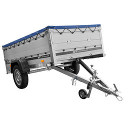 Jednonápravový přívěs s hliníkovými bočnicemi 230x125 Unitrailer Garden 230 KIPP ALU s bočnicemi BIS, rámem H-0 a modrým krytem