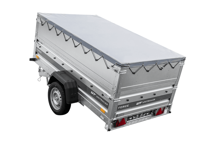 Přívěs za auto na pružinách 230x125 UNITRAILER FORCE 230/R KIPP s bočnicemi BIS, rámem H-0 a šedým krytem