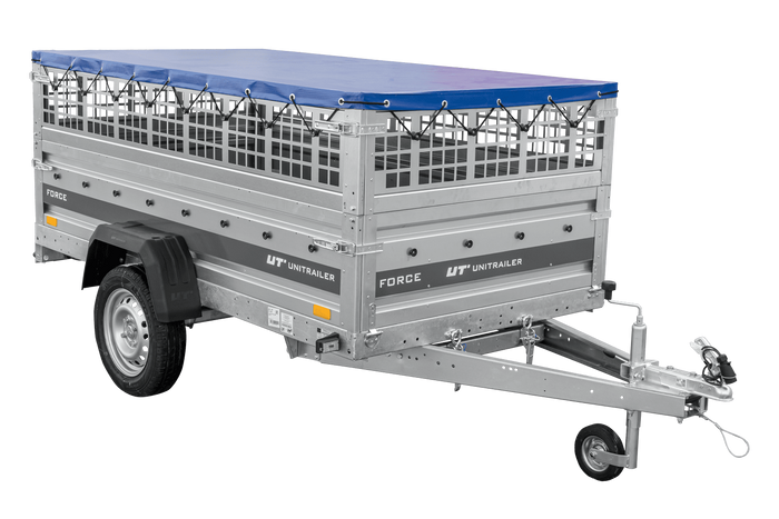 Jednonápravový přívěs 230x125 UNITRAILER FORCE 230 KIPP s pletivovými bočnicemi, rámem H-0 a modrým krytem