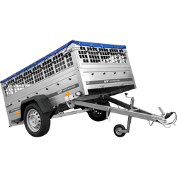 Přívěs za auto na pružinách 200x125 UNITRAILER GARDEN 201/R KIPP s pletivovými bočnicemi, rámem H-0 a modrým krytem