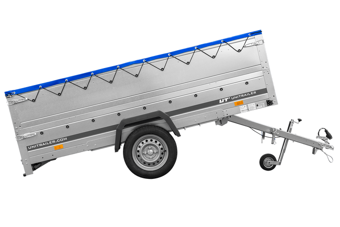 Jednonápravový přívěs na pružinách 264x125 UNITRAILER GARDEN 264/R KIPP s bočnicemi BIS, rámem H-0 a modrou plachtou