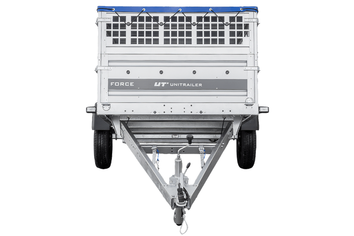 Jednonápravový přívěs 264x125 UNITRAILER FORCE 264 KIPP s pletivovými bočnicemi, rámem H-0 a modrým krytem