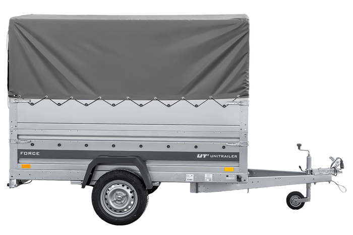 Jednonápravový přívěs na pružinách 230x125 UNITRAILER FORCE 230/R KIPP s bočnicemi BIS, rámem H-800 a šedým krytem