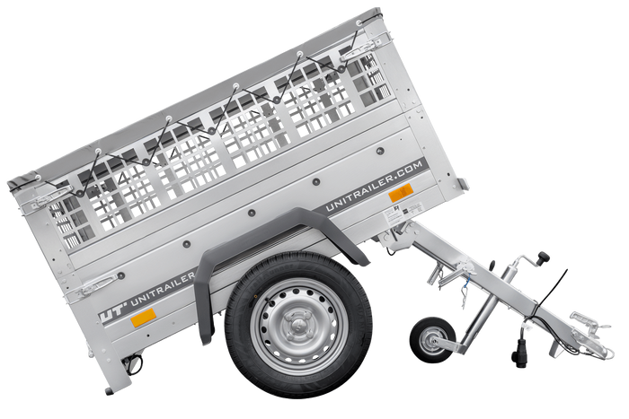 Přívěs za auto 150x106 UNITRAILER GARDEN 150 KIPP s pletivovými bočnicemi a šedou plachtou