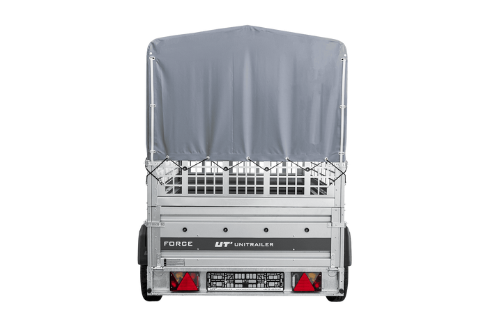 Přívěs za auto na pružinách 230x125 UNITRAILER FORCE 230/R KIPP s pletivovými bočnicemi, rámem H-800 a šedým krytem