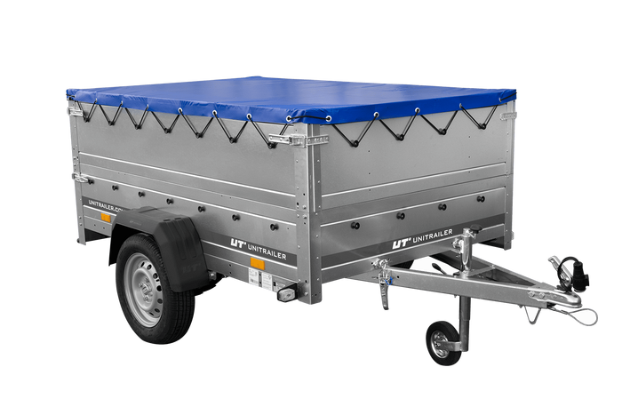 Lehký přívěs na pružinách 200x125 UNITRAILER GARDEN 201/R KIPP s bočnicemi BIS, rámem H-0 a modrou plachtou