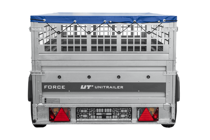 Jednonápravový přívěs 230x125 UNITRAILER FORCE 230 KIPP s pletivovými bočnicemi, rámem H-0 a modrým krytem