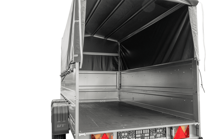 Dvounápravový přívěs 264x125 UNITRAILER GARDEN 264/2 KIPP s bočnicemi BIS, rámem H-800 a šedou plachtou