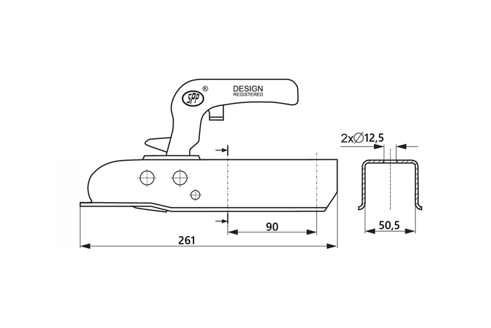 Kulové tažné zařízení STEELPRESS ZSK-1300H pro přívěs o hmotnosti 1300 kg s čtvercovou ojí 50 mm