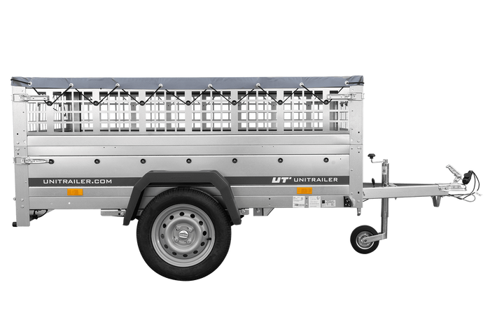 Přívěs za auto na pružinách 200x125 UNITRAILER GARDEN 201/R KIPP s pletivovými bočnicemi, rámem H-0 a šedým krytem