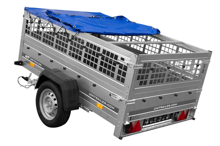 Přívěs za auto na pružinách 200x125 UNITRAILER GARDEN 201/R KIPP s pletivovými bočnicemi, rámem H-0 a modrým krytem