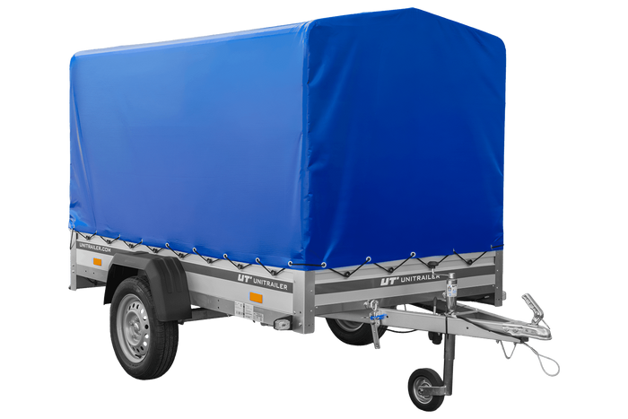 Přívěs za auto s hliníkovými bočnicemi 230x125 Unitrailer Garden 230 KIPP ALU s rámem H1100 a modrým krytem