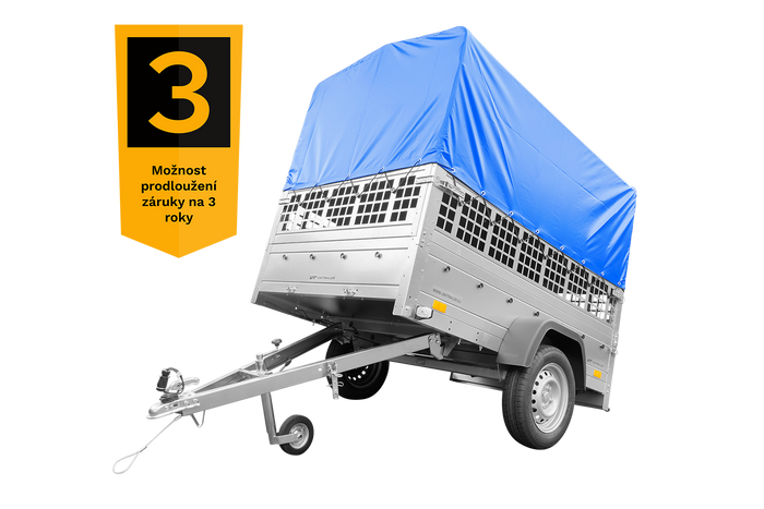 Přívěs za auto 200x125 UNITRAILER GARDEN 201 KIPP s pletivovými bočnicemi, rámem H-800 a šedou plachtou