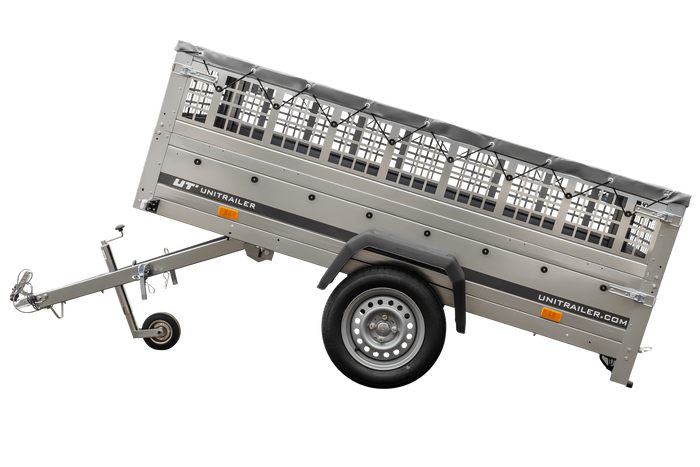 Přívěs za auto 230x125 UNITRAILER GARDEN 230 KIPP s pletivovými bočnicemi a šedou plachtou