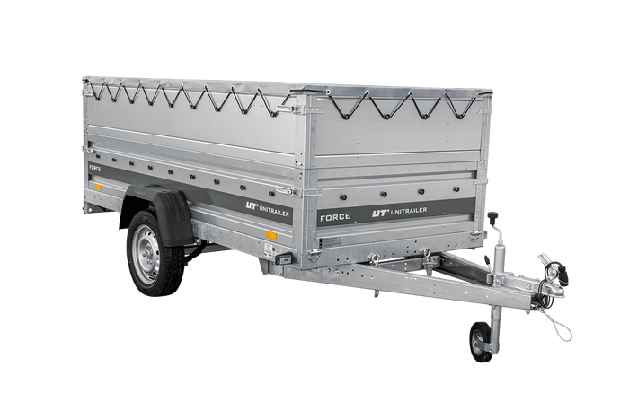 Jednonápravový přívěs na pružinách 264x125 UNITRAILER FORCE 264/R KIPP s bočnicemi BIS, rámem H-0 a šedou plachtou