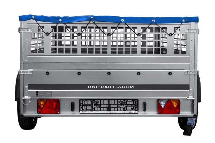 Lehký přívěs 264x150 UNITRAILER GARDEN 265/2 KIPP s pletivovými bočnicemi, rámem H-0 a modrým krytem