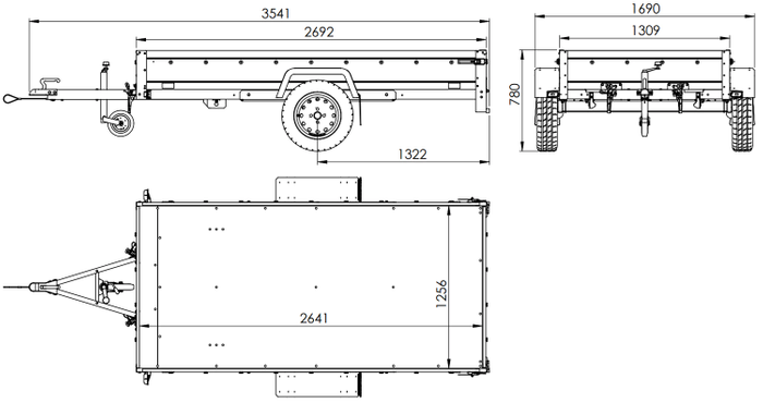 Přívěs pro auto 264x125 UNITRAILER GARDEN 264 KIPP s rámem H-1100 a šedou plachtou