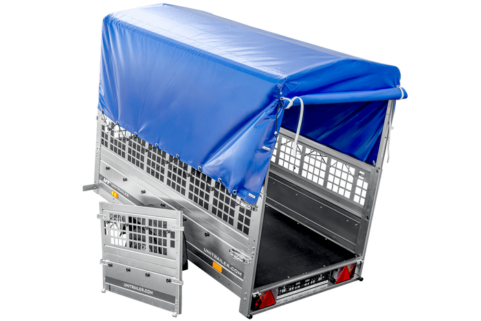 Přívěs Garden Trailer 200 KIPP s síťovanými bočnicemi, rámem H-800 a modrou plachtou