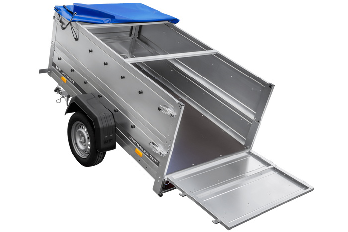 Přívěs za auto 200x106 UNITRAILER GARDEN 200 KIPP s bočnicemi BIS, rámem H-0 a modrým krytem