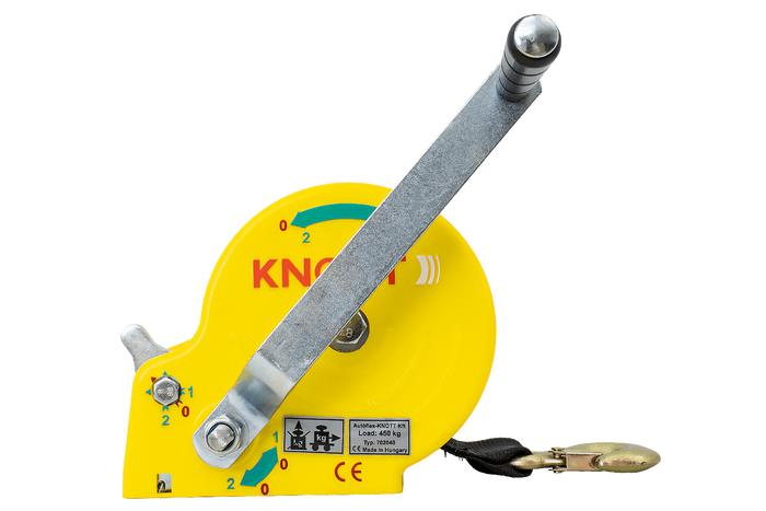 Ruční naviják 450 KG s páskem KNOTT, žluté pouzdro