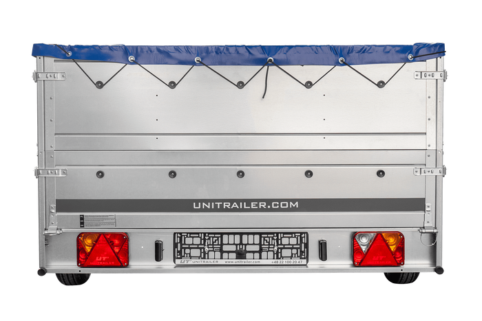 Přívěs za auto na pružinách 264x150 UNITRAILER GARDEN 265/R KIPP s bočnicemi BIS, rámem H-0 a modrým krytem