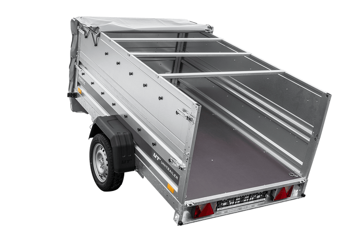 Přívěs za auto na pružinách 230x125 UNITRAILER FORCE 230/R KIPP s bočnicemi BIS, rámem H-0 a šedým krytem