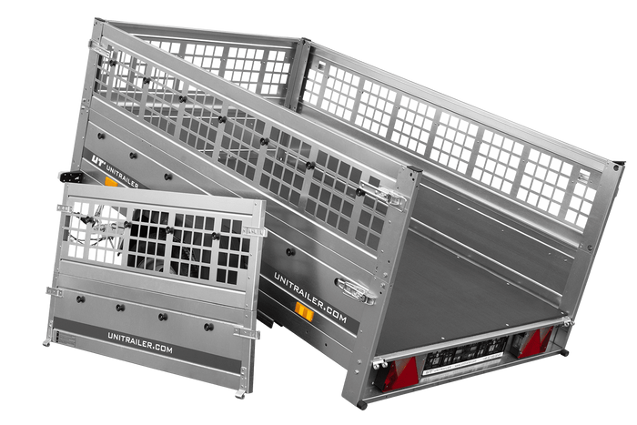 Přívěs za auto na pružinách 200x125 UNITRAILER GARDEN 201/R KIPP s pletivovými bočnicemi, rámem H-0 a modrým krytem