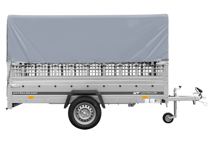 Přívěs pro auto 264x125 UNITRAILER GARDEN 264 KIPP s pletivovými bočnicemi, rámem H-800 a šedým krytem