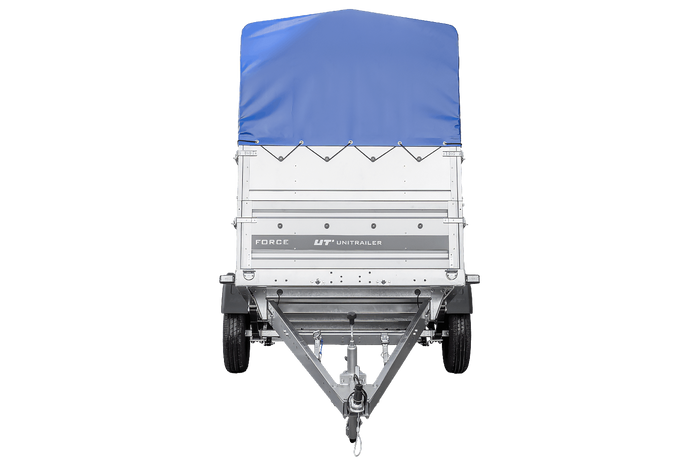 Jednonápravový přívěs na pružinách 230x125 UNITRAILER FORCE 230/R KIPP s bočnicemi BIS, rámem H-800 a modrým krytem