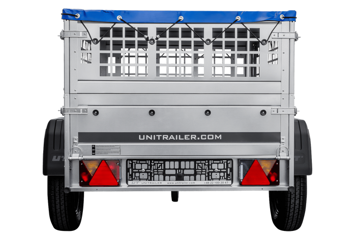 Přívěs za auto 150x106 UNITRAILER GARDEN 150 KIPP s pletivovými bočnicemi a modrým krytem
