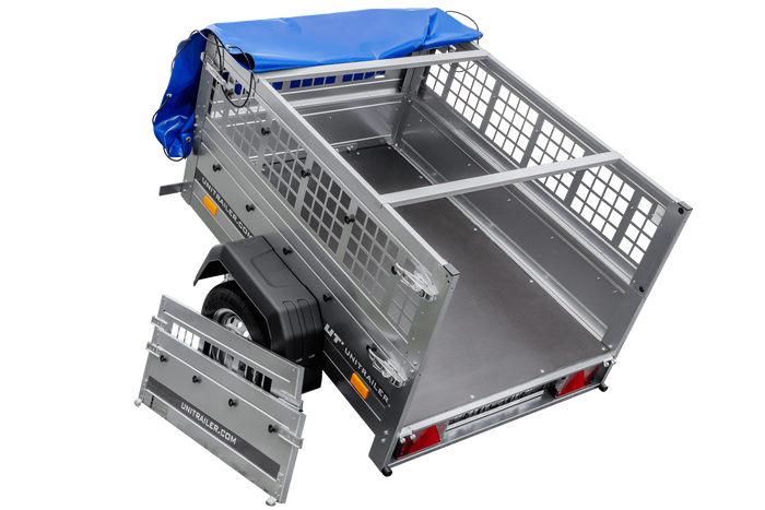 Přívěs Garden Trailer 150 KIPP s síťovanými bočnicemi a modrou plachtou