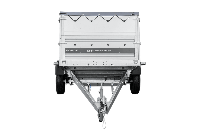 Přívěs za auto na pružinách 230x125 UNITRAILER FORCE 230/R KIPP s bočnicemi BIS, rámem H-0 a šedým krytem