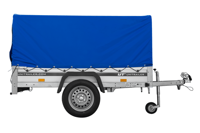 Jednonápravový přívěs s hliníkovými bočnicemi 200x125 Unitrailer Garden 201 KIPP ALU s rámem H-800 a modrým krytem