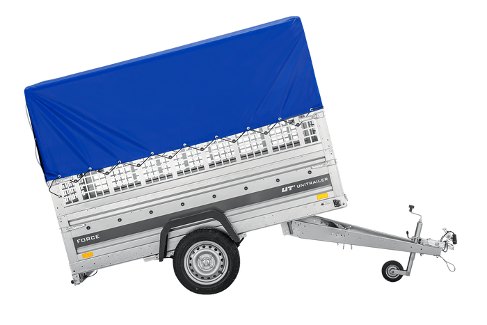 Přívěs za auto na pružinách 230x125 UNITRAILER FORCE 230/R KIPP s pletivovými bočnicemi, rámem H-800 a modrým krytem