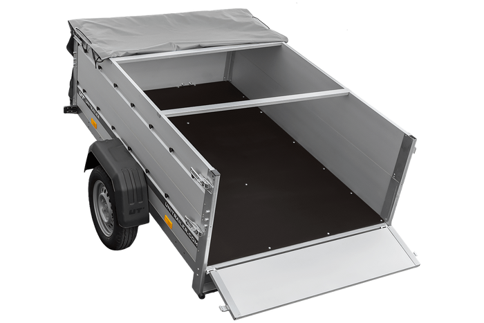 Přívěs za auto s hliníkovými bočnicemi 200x125 Unitrailer Garden 201 KIPP ALU s bočnicemi BIS, rámem H-0 a šedým krytem