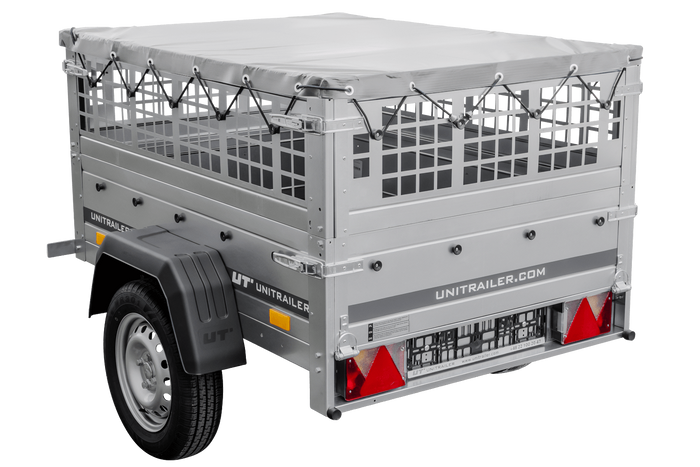 Přívěs za auto 150x106 UNITRAILER GARDEN 150 KIPP s pletivovými bočnicemi a šedou plachtou