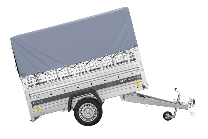Přívěs za auto na pružinách 230x125 UNITRAILER FORCE 230/R KIPP s pletivovými bočnicemi, rámem H-800 a šedým krytem