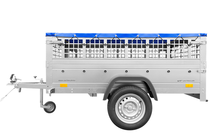 Jednonápravový přívěs 200x125 UNITRAILER GARDEN 201 KIPP s pletivovými bočnicemi, rámem H-0 a modrou plachtou